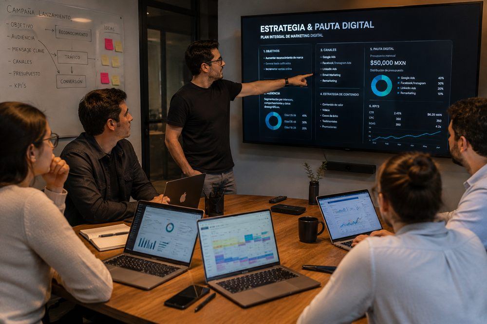 Presentación de estrategia y pauta digital en sala de juntas