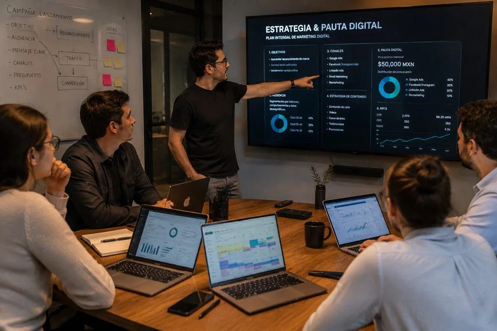 Presentación de estrategia y pauta digital en sala de juntas